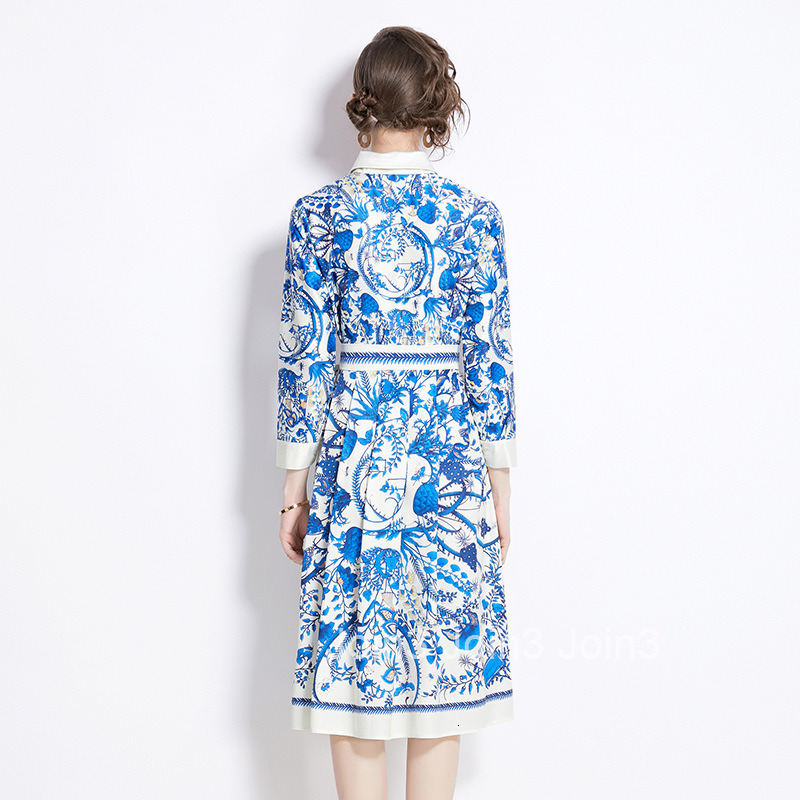 3937 Summer New Womens Fashion Printed Waist Slimming Long Sleeve Dress (With Belt)