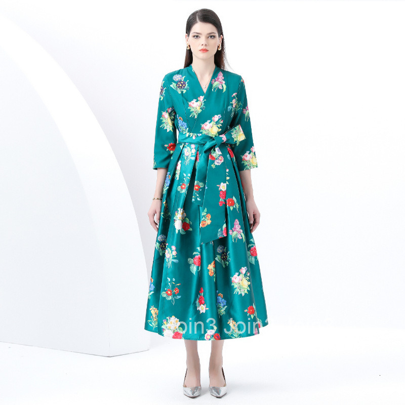6065 Spring and Autumn New Womens Vacation Wrap Tie V-neck Three-quarter Sleeve Printed Long Dress