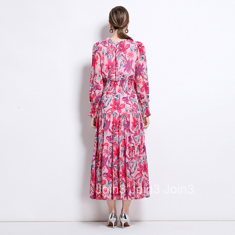 8800 New Fashionable Floral Dress Long Sleeve Flared Mid-Length Dress