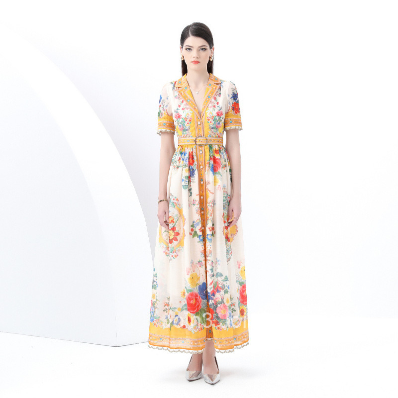 6055 Early Spring New Womens Vacation Style Blazer Collar Single-Breasted Printed Flared Long Dress