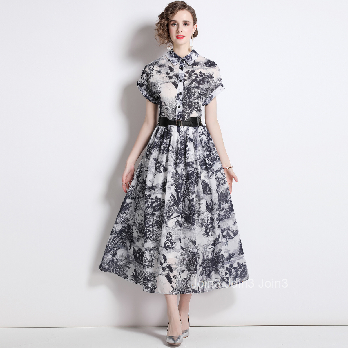 1895 Summer New Womens Printed Collar Short Sleeve Slimming Long Dress (with Belt)
