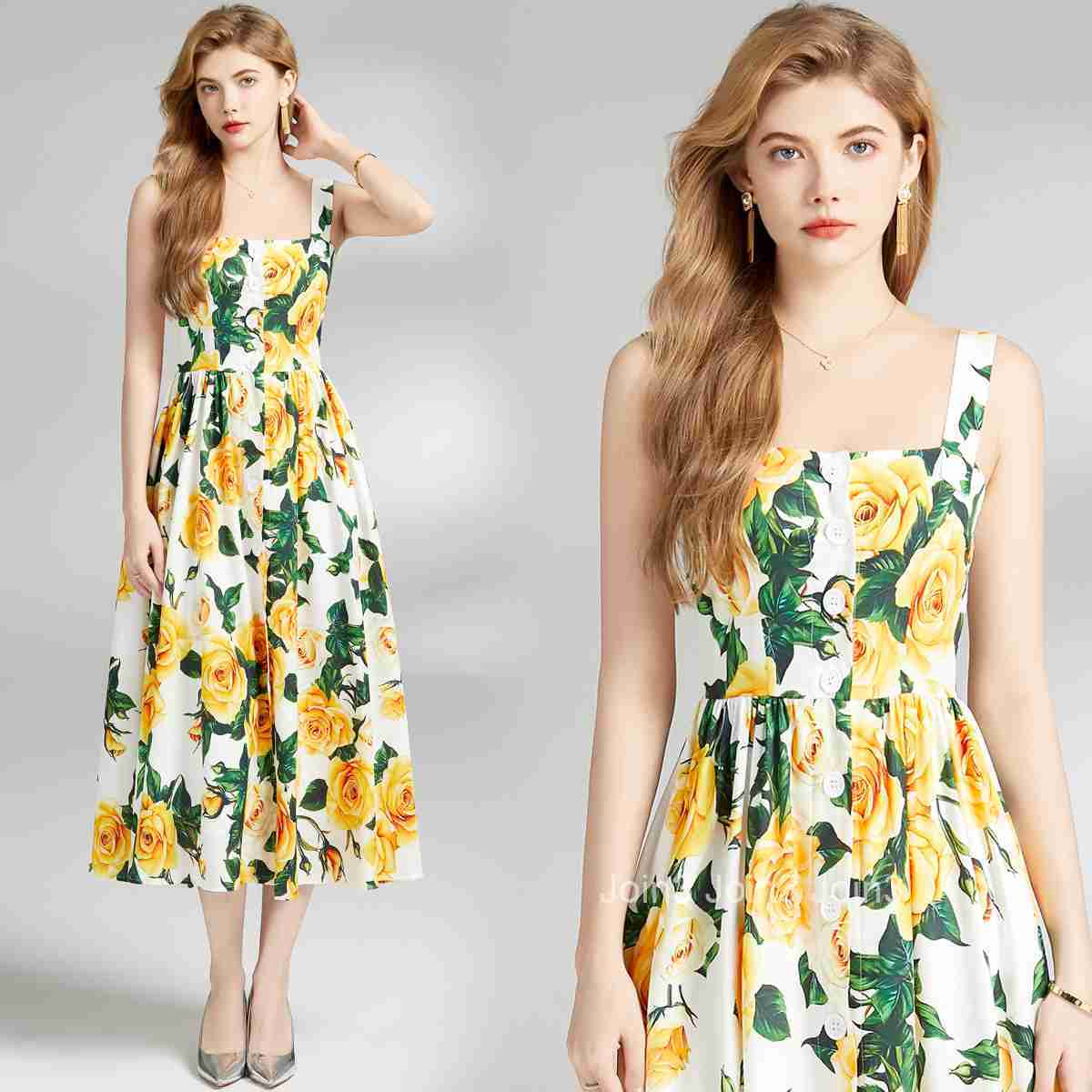 6833 Summer New Womens Fashion Elegant Printed Strap Waist Sleeveless A-line Dress Large Hem Midi Dress