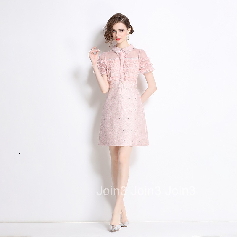 8019 Summer New Womens Fashion Elegant Slim Fit Short Sleeve Pink Short Dress