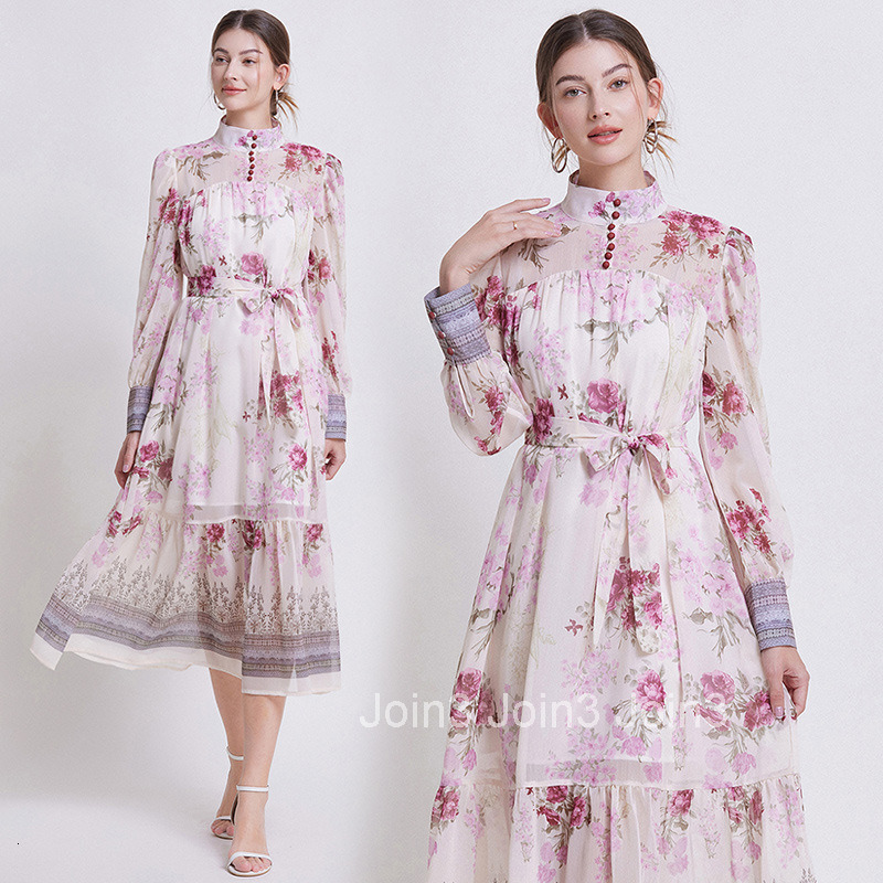 6602 Spring/Summer New Womens Fashion Style Printed Long Sleeve Chiffon Dress with Waist cinching and slimming Long Skirt