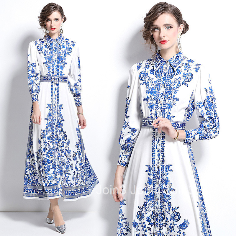 8771 Fashion Elegance Style Turn-Down Collar Single-Breasted Blue and White Porcelain Print Dress