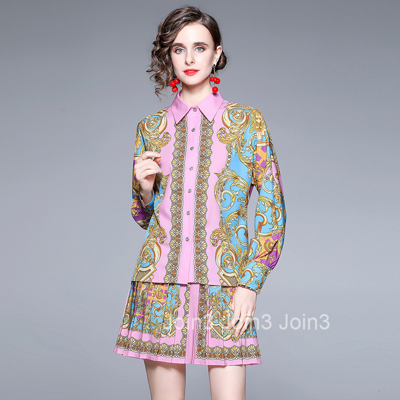 1030 Spring/Summer New Womens Style Printed Long Sleeve Shirt+High Waist pleated Skirt Two Piece Set
