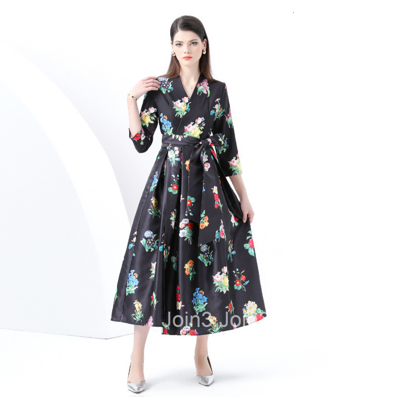 6065 Spring and Autumn New Womens Vacation Wrap Tie V-neck Three-quarter Sleeve Printed Long Dress