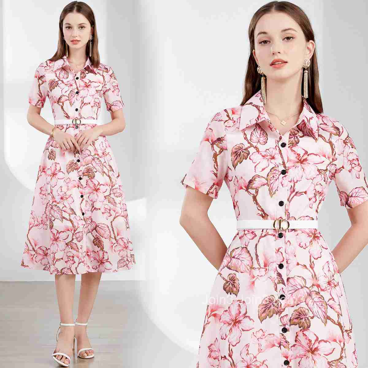 6849 Summer New Womens Printed Waist-Cinching Flared Collar Short Sleeve Dress (With Belt)