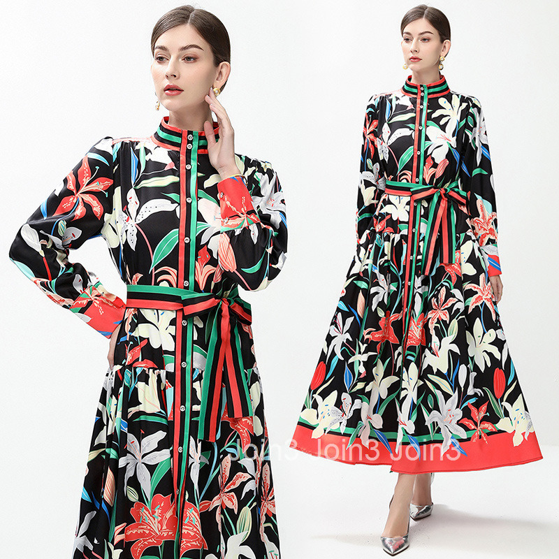 6091 Fashion Elegance Style Stand Collar Single-Breasted Printed Dress