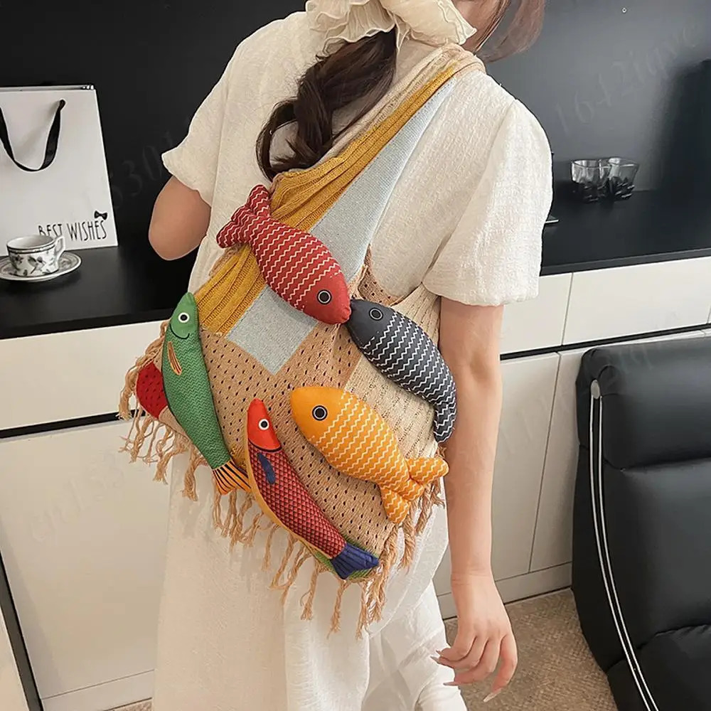 Crochet Summer Handbag Women Patchwork Large Capacity Shoulder Boho Style Cute Knitted Beach Tote Bag with Handmade Doll Fish 250717