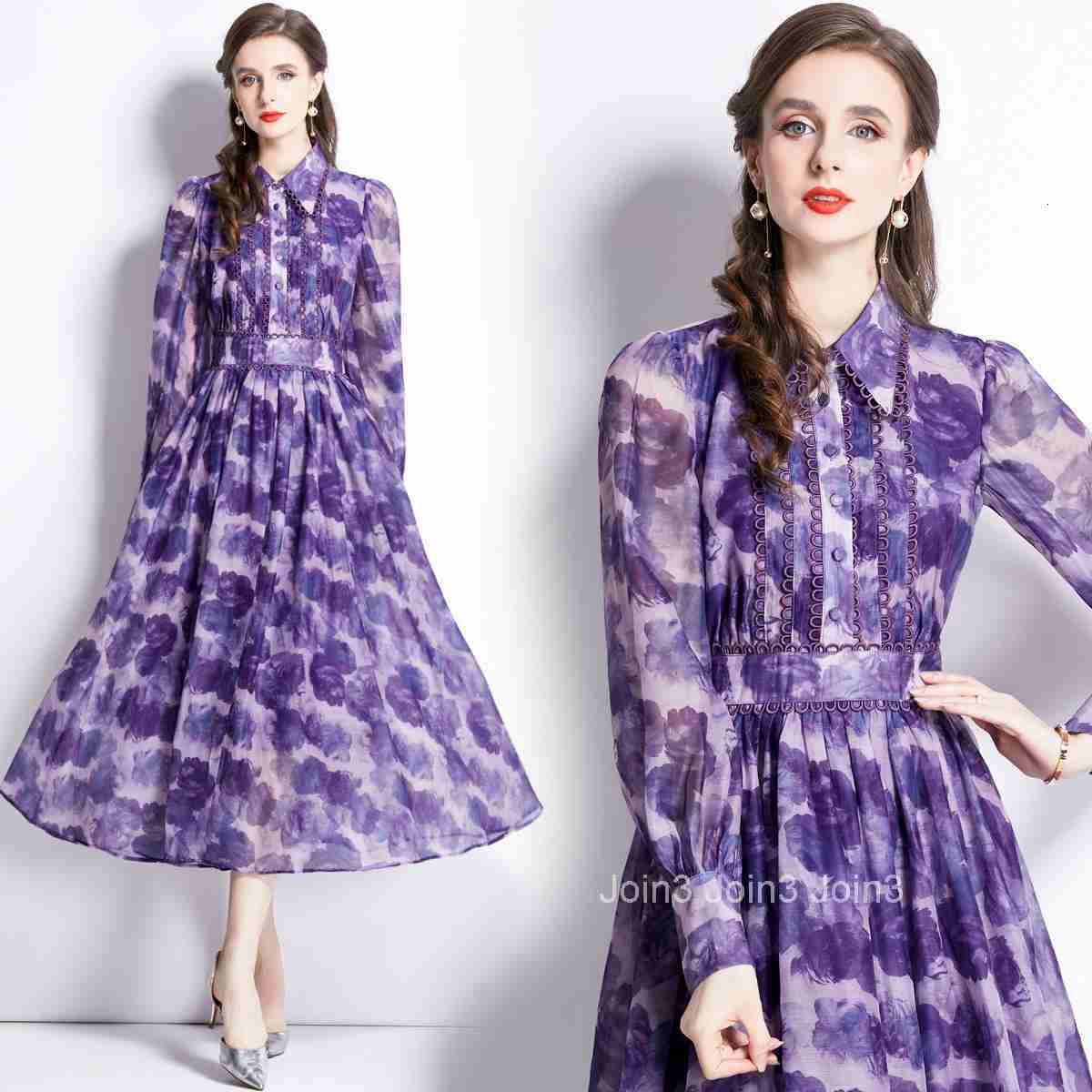 1998 Early Spring New Womens Vacation Style Printed Turn-Down Collar Long Sleeve Elegant Flared Long Dress