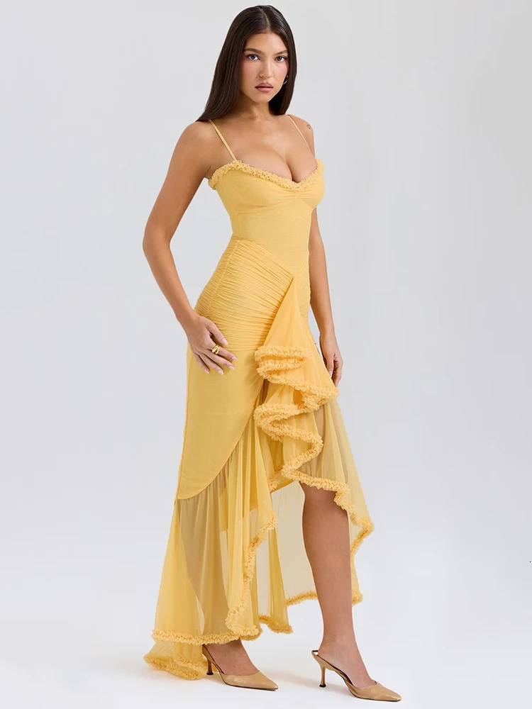 Mozision Ruffled Draped Ruched Sexy Maxi Dress For Women Yellow Spaghetti Strap Sleeveless Backless Club Party Sexy Long Dress 250715