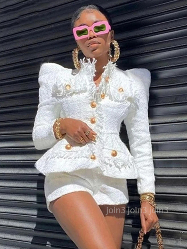 Elegant White Tweed Women Set Single-breasted Slim Tassels Jacket High Waist Shorts Suit Celebrity Party Sets Fall New