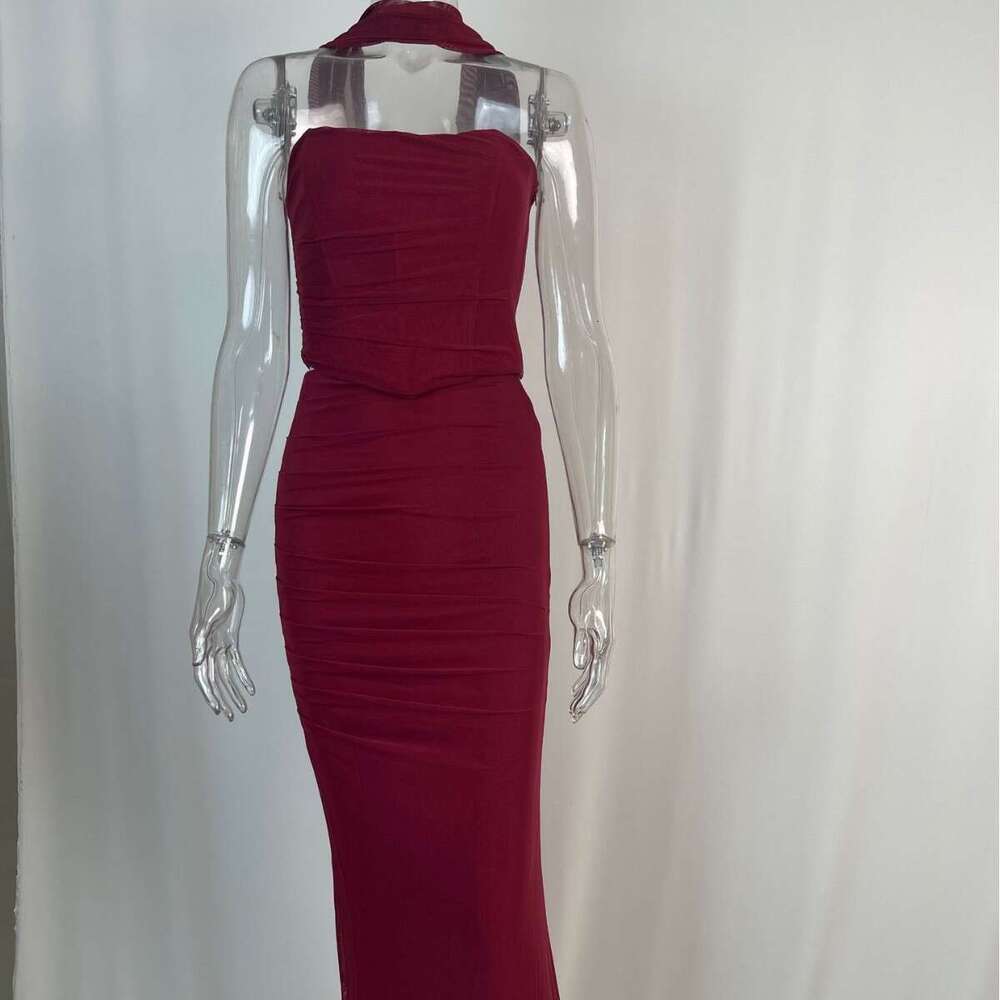 Cross-Border Hot Selling European and American Style Blue Tube Short Top + High Waist Bodycon Pencil Skirt Slim Fit Two-Piece Set