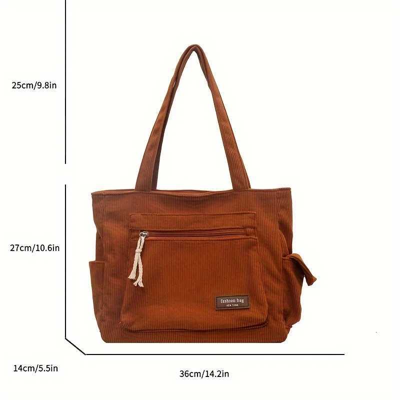 Simple Corduroy Tote Bag Solid Color Shoulder Bag Multi Pockets Handbag For School Work Shopping Y250719