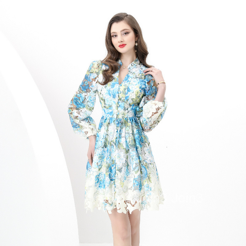 8846 Early Spring New Womens Elegance Style V-neck Short Sleeve Waist-cinching Wide Hem Lace Print Dress