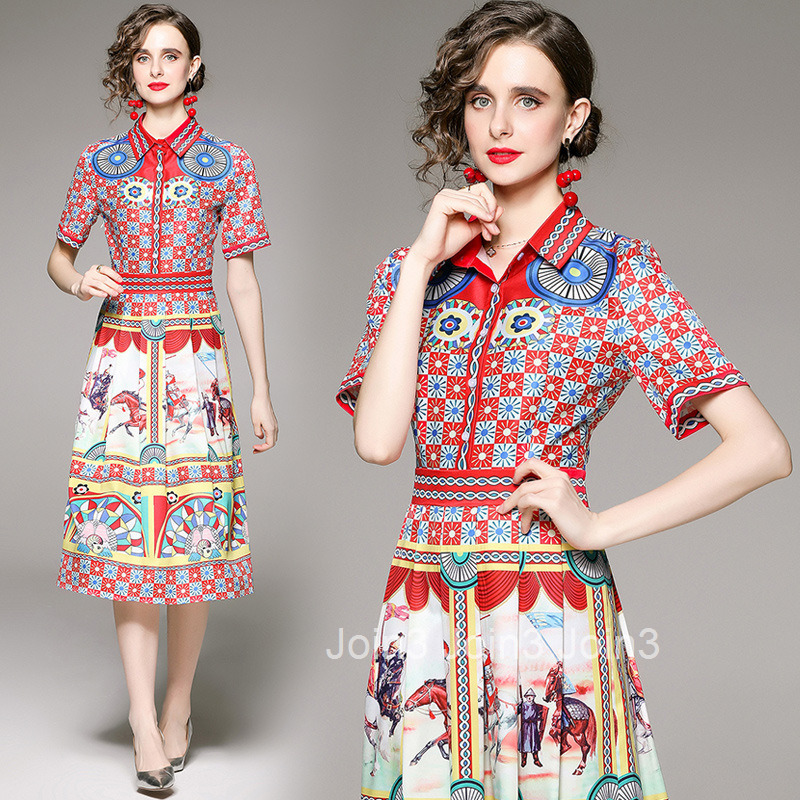 7496 Summer New Womens Style Printed Dress with Collar Short Sleeve Slim fit Waist cinching Medium length Skirt