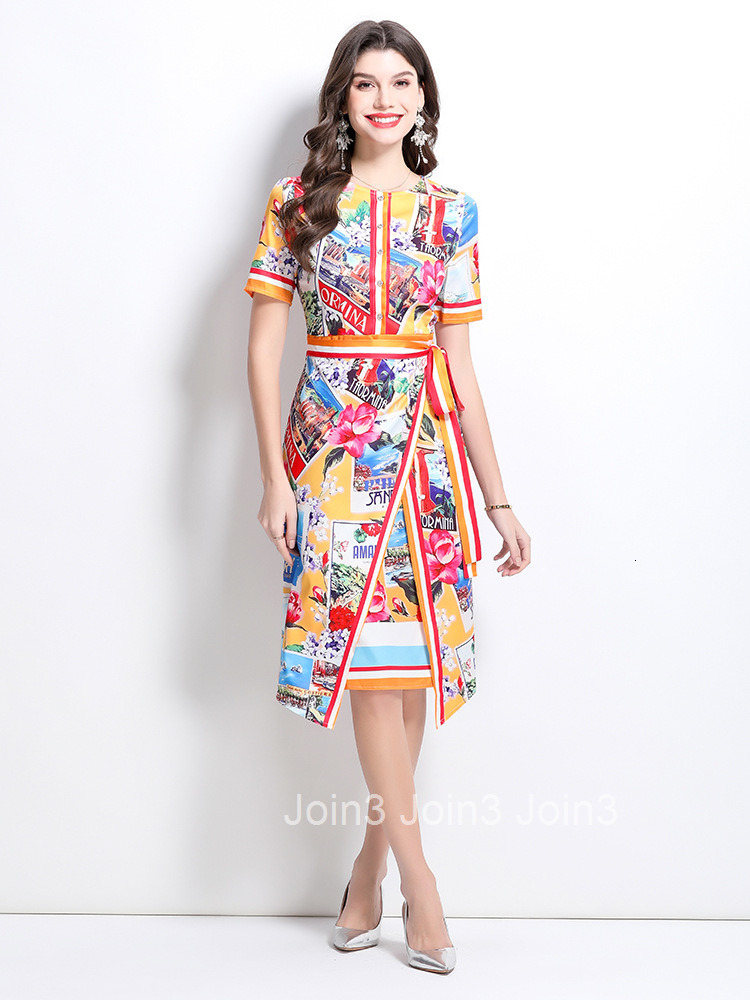 2614 Spring/Summer New Womens Vacation Style Painted Oil Painting Style Short Sleeve Slimming Middle Skirt Dress