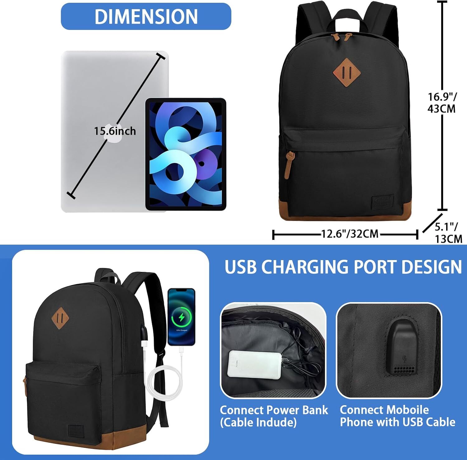 YMX 741 611 Goloni Classic with USB Charging Port,Water Resistant Anti-Theft Travel Backpack for Men & Women,Laptop Backpack,Fits 17.3 Inch Laptop,Bla