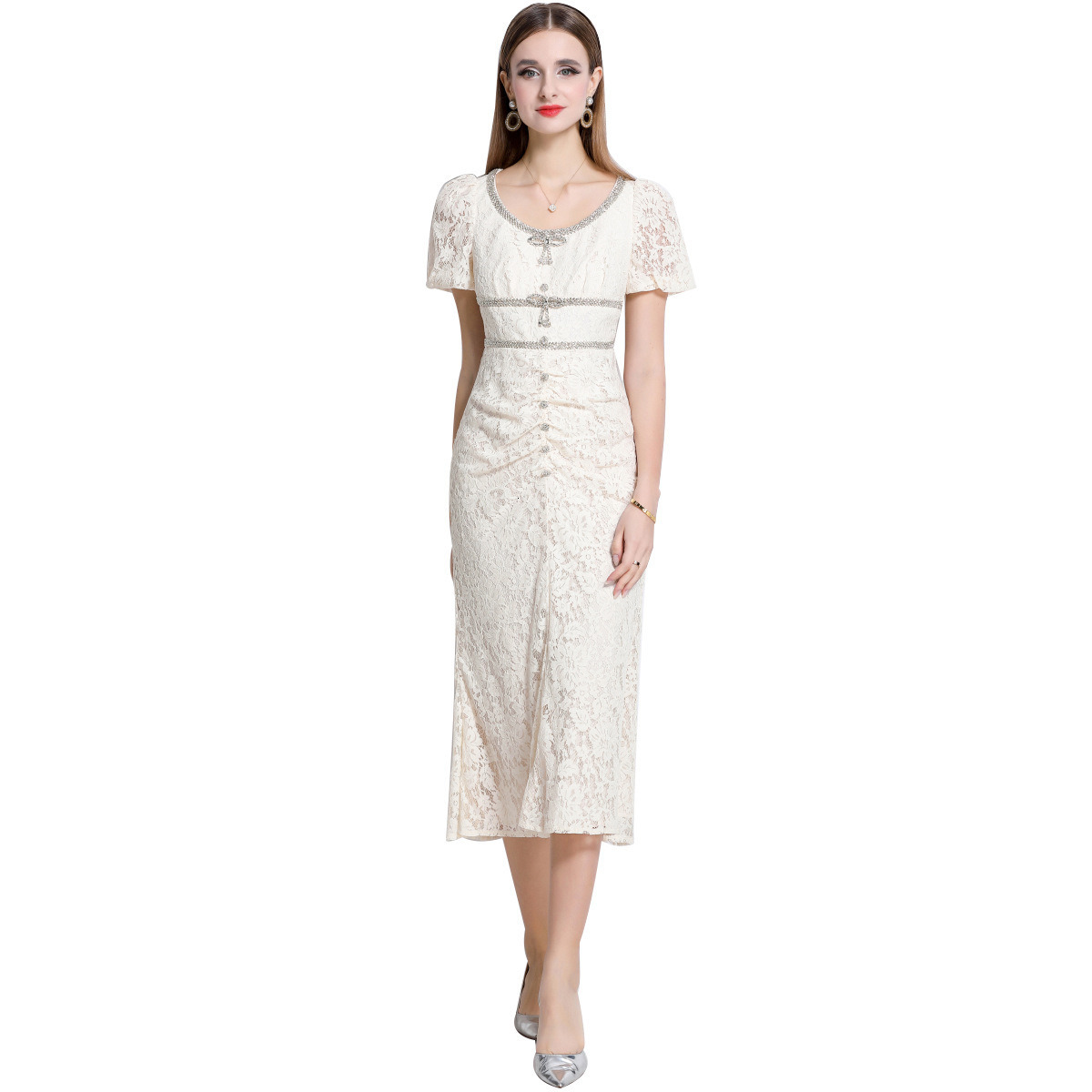 9632m White Lace Round Neck Short Sleeve Mermaid Dress Elegant Slim Dress with Bow