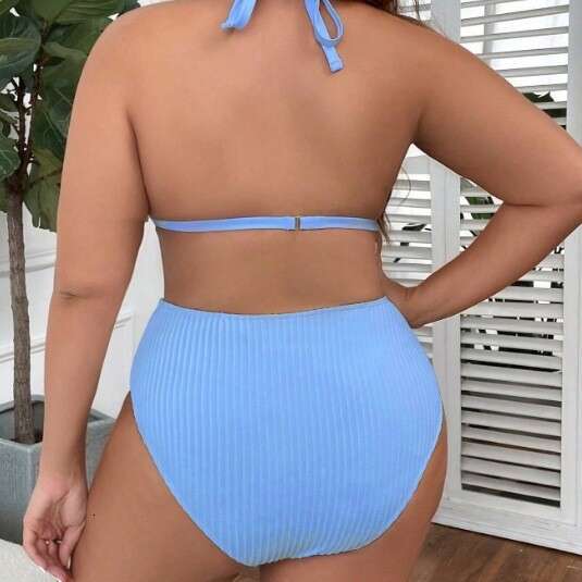 2025 New Style Spaghetti Strap Backless Plus Size Swimsuit Women Solid Color High Waist Sexy Bikini Two-Piece Swimwear