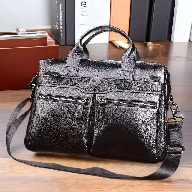 100% Genuine Leather Men's Briefcase Handbag High Quality Cowhide 15-Inch Computer Business Commuting Shoulder Crossbody Bag
