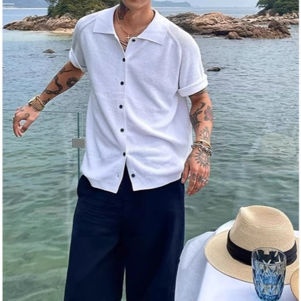 Old Money Style Turn-Down Collar Short Knitted Cardigan Men's Summer Thin Ice Silk High-End Casual Half Sleeve Shirt Jacket