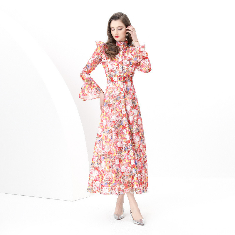 8836 Spring Summer Elegance Style Stand Collar Long Sleeve Waist-Cinching Wide Skirt Lace Print Long Dress