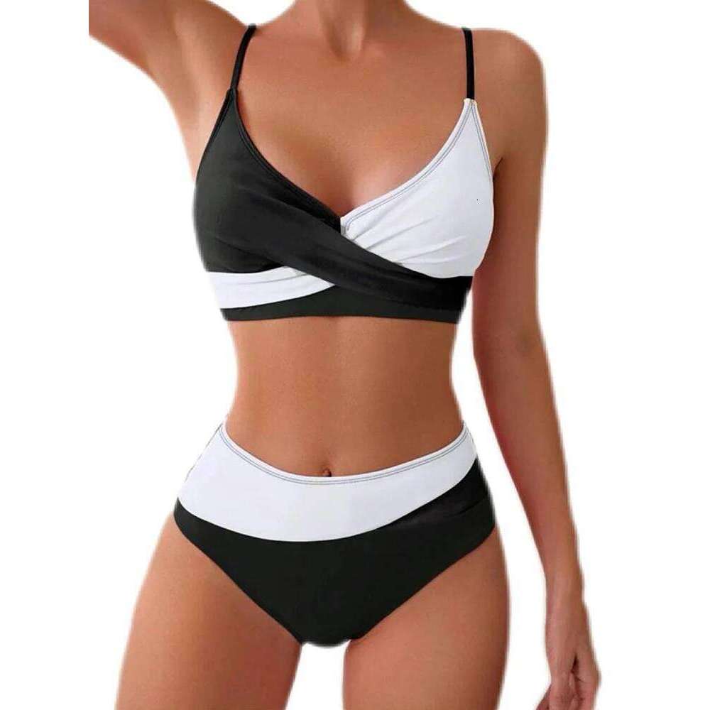 Circyy Women Contrast Color Split Swimsuit Halter Cross Biquinis High Waisted Two-pieces Bathing Suit Summer 2025 New