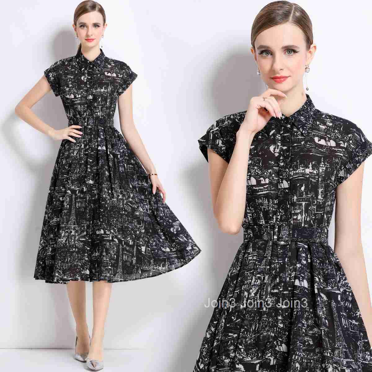 1701 Summer New Printed Short Sleeve Shirt with Belt Mid-Length Dress