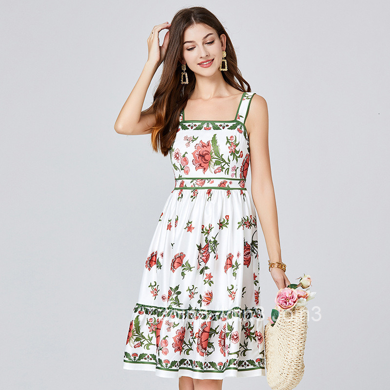 217 Summer New Womens Printed Slim Strap Dress High Waist Vest Mid-Length A-Line Dress
