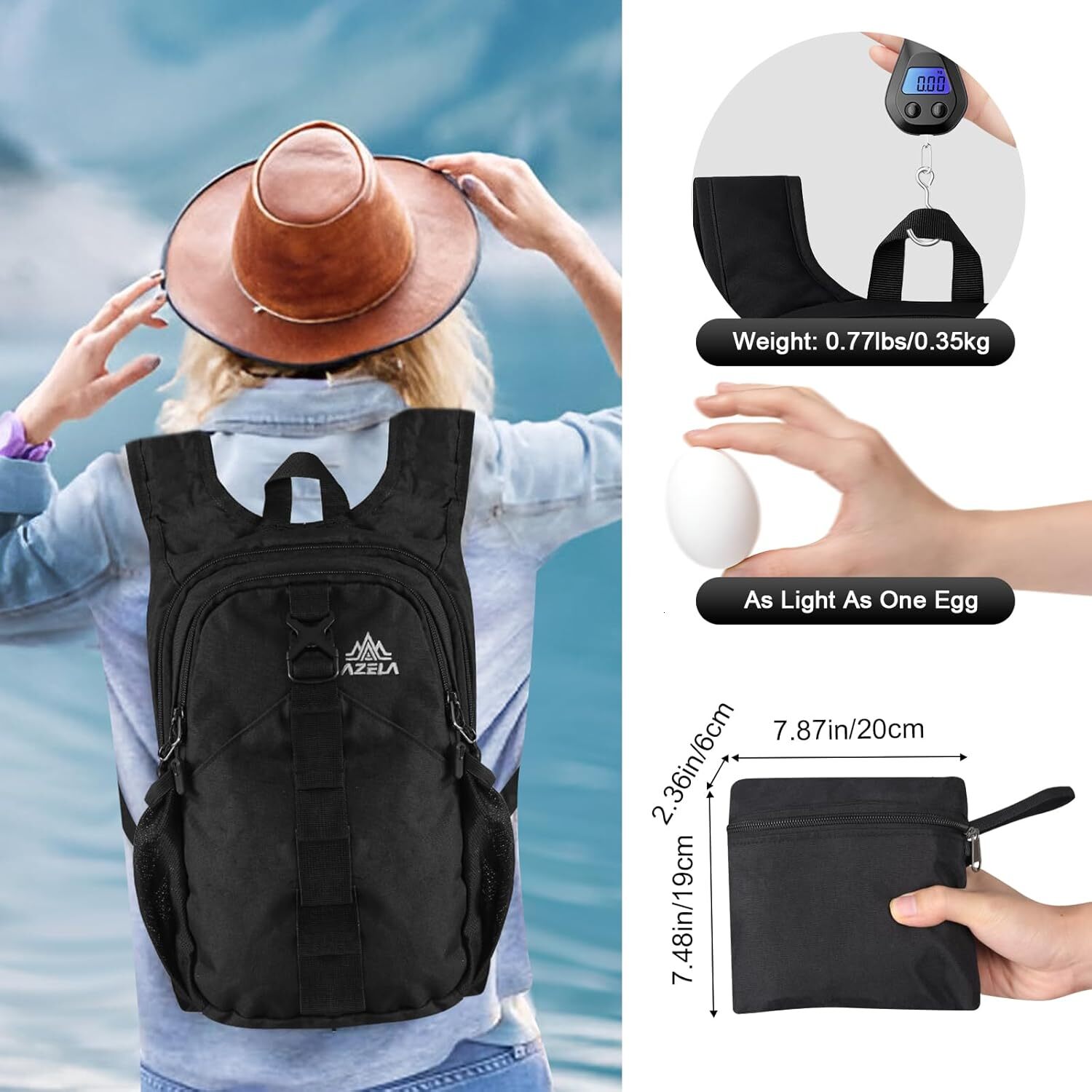 YMX 185 586 FUNANASUN 16L Ultra-Lightweight Foldable Waterproof Women Men Small Backpack For Hiking Commuting Travel, Black