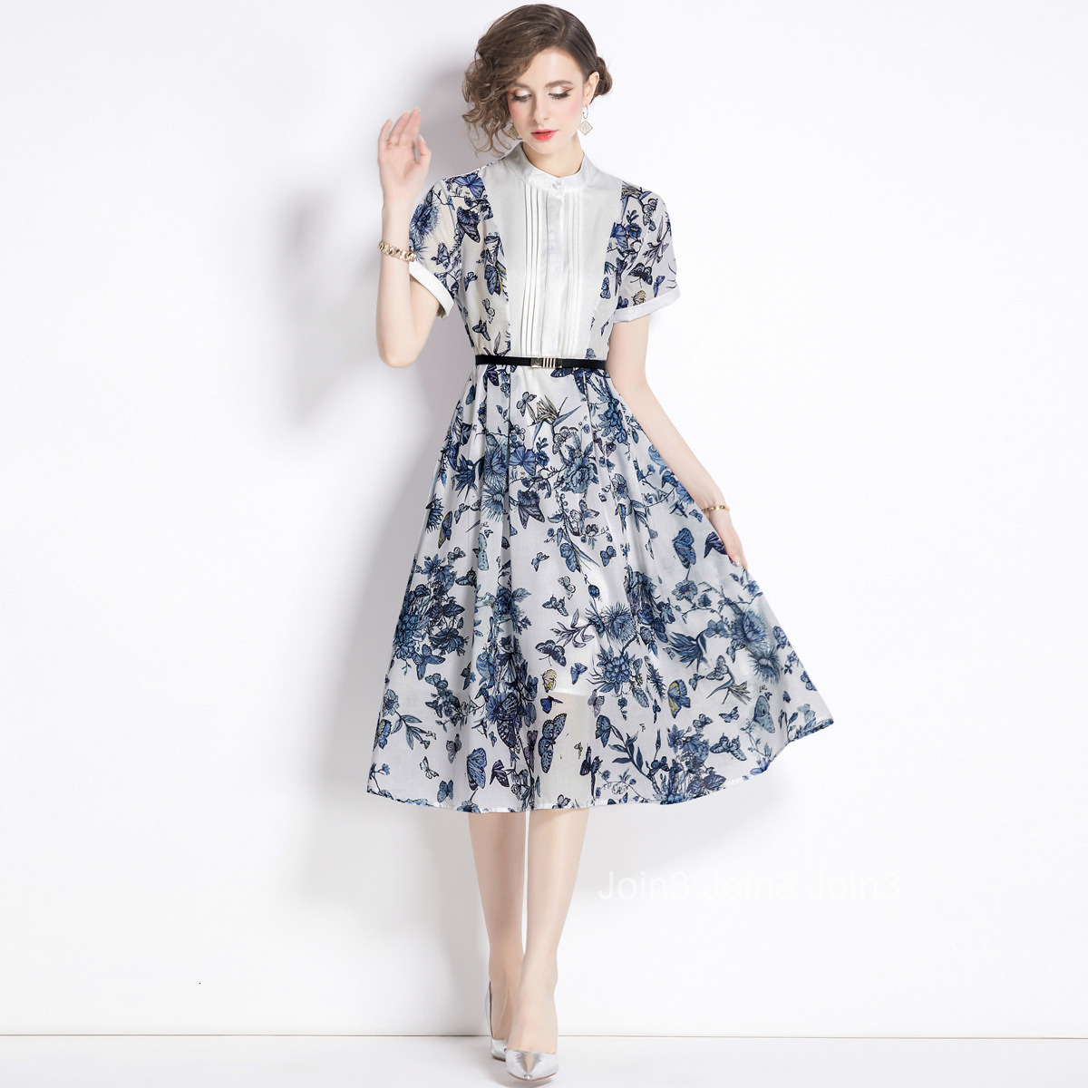 5814 Summer New Womens Clothing Stand Collar Printed Patchwork Ink Wash Dyed Large Hem Mid-Length Dress