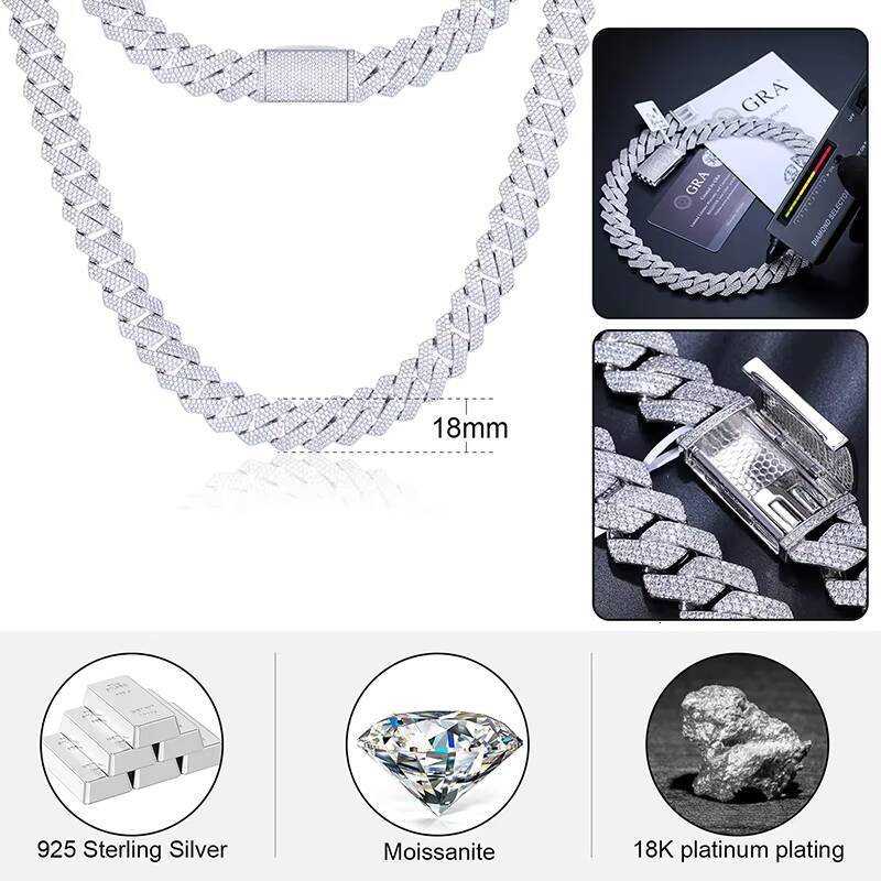 Pass Diamond Tester Bling Hip Hop Jewelry 18mm 925 Sterling Silver VVS Moissanite Iced Out Miami Cuban Link Chain for Men