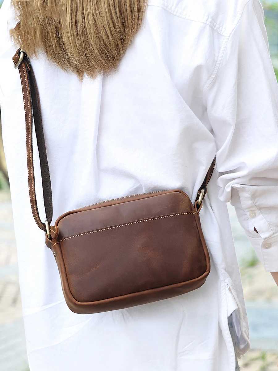 Crazy Horse Leather Messenger Bag Mens Leather Shoulder Bag For Mobile Phone Sling Bags For Men Woman Cross Body Bag Y250719