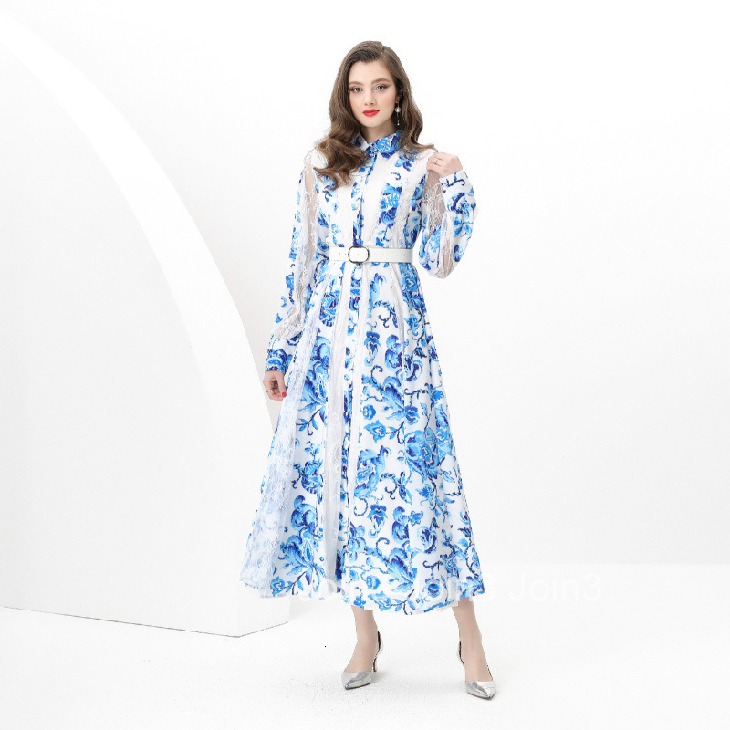 8873 Early Spring New Womens Vacation Tailored Patchwork Waist-Cinching Flared Print Lace Long Dress