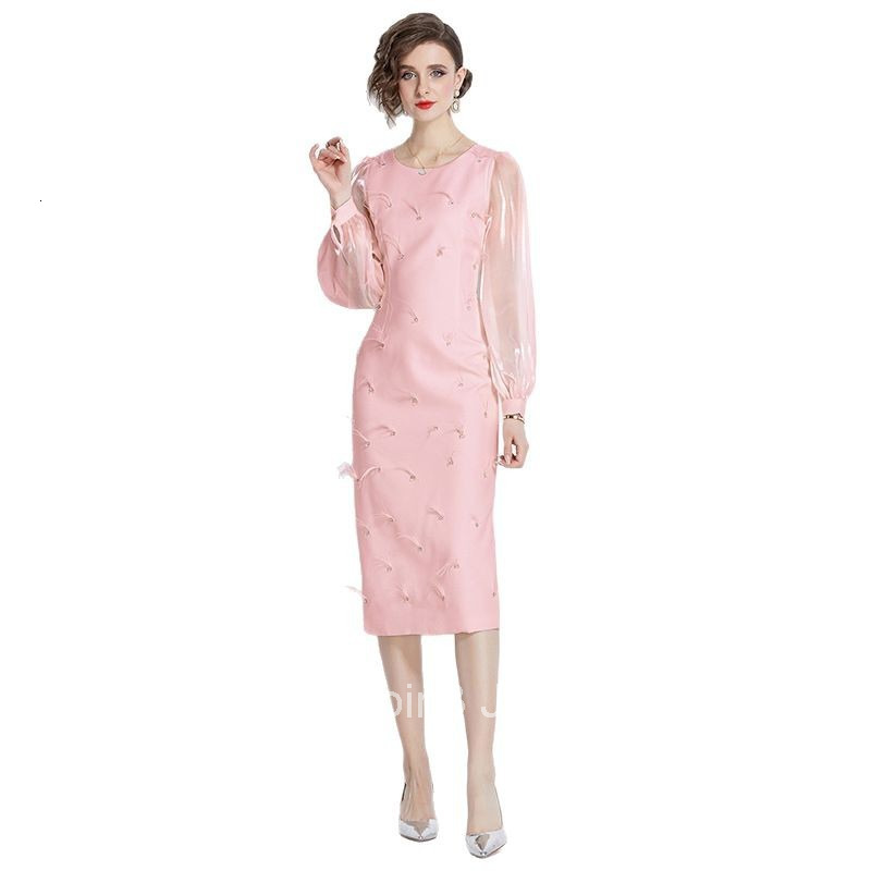 8722 Spring and Autumn New Womens Fashion Elegant Round Neck Lantern Sleeve Rhinestone Embellished Furry Mid-Length Dress