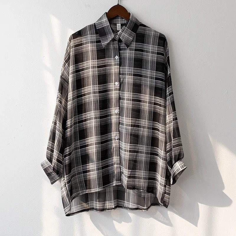 Sheer Chiffon Plaid Shirt for Women Ovesized Collared Buttondown Blouse Summer Laides Slouchy Casual Outfit 250717