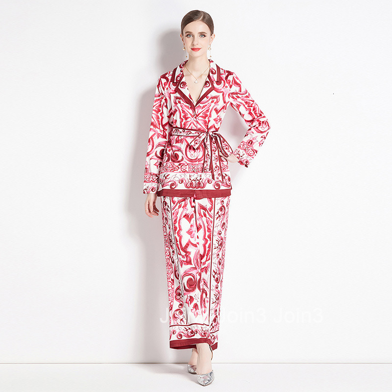 8656 Fashion Suit Set with Printed Shirt and High-Waisted Straight-Leg Wide Pants