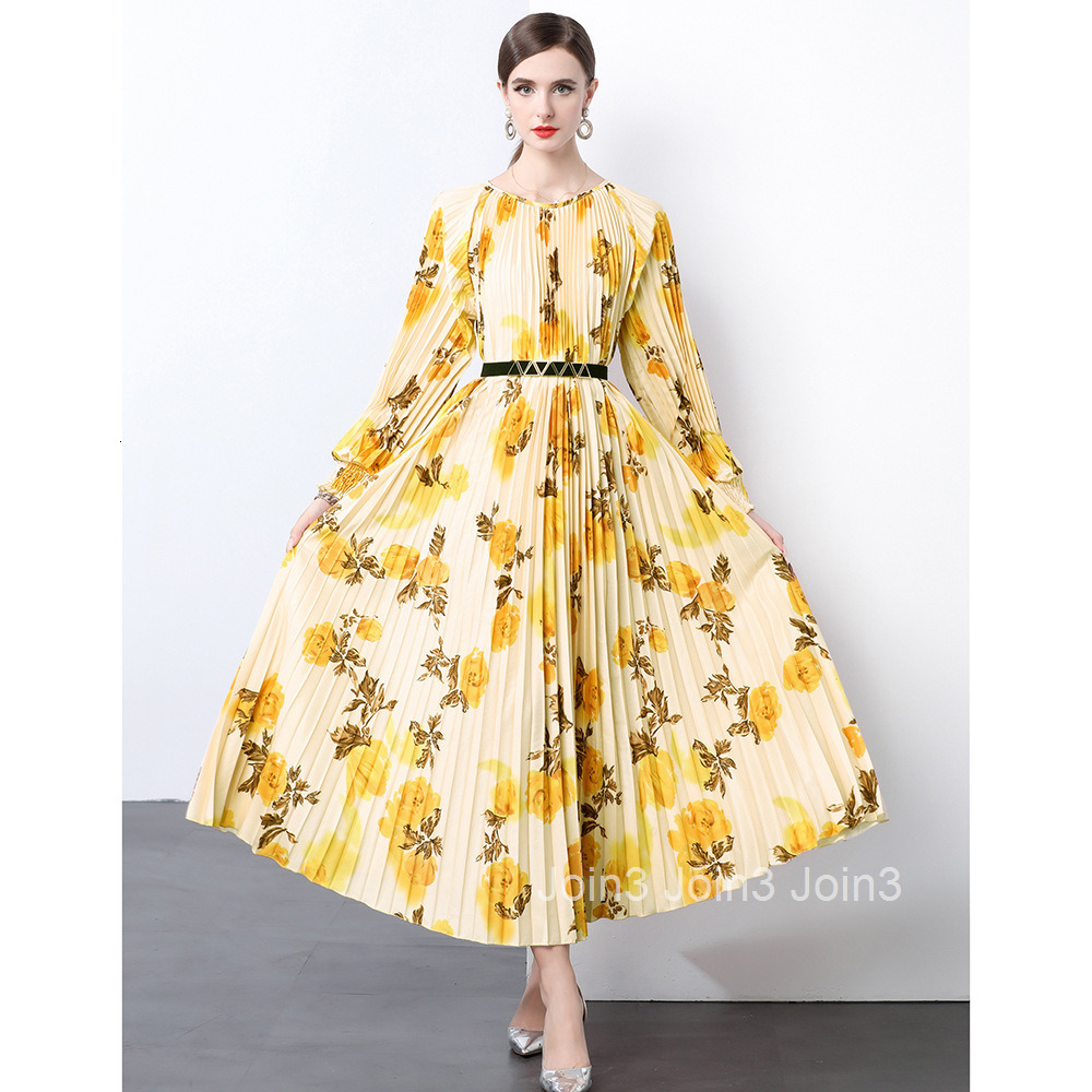 9853 autumn new womens clothing temperament printed pleated long sleeved long skirt with large swing pleated dress