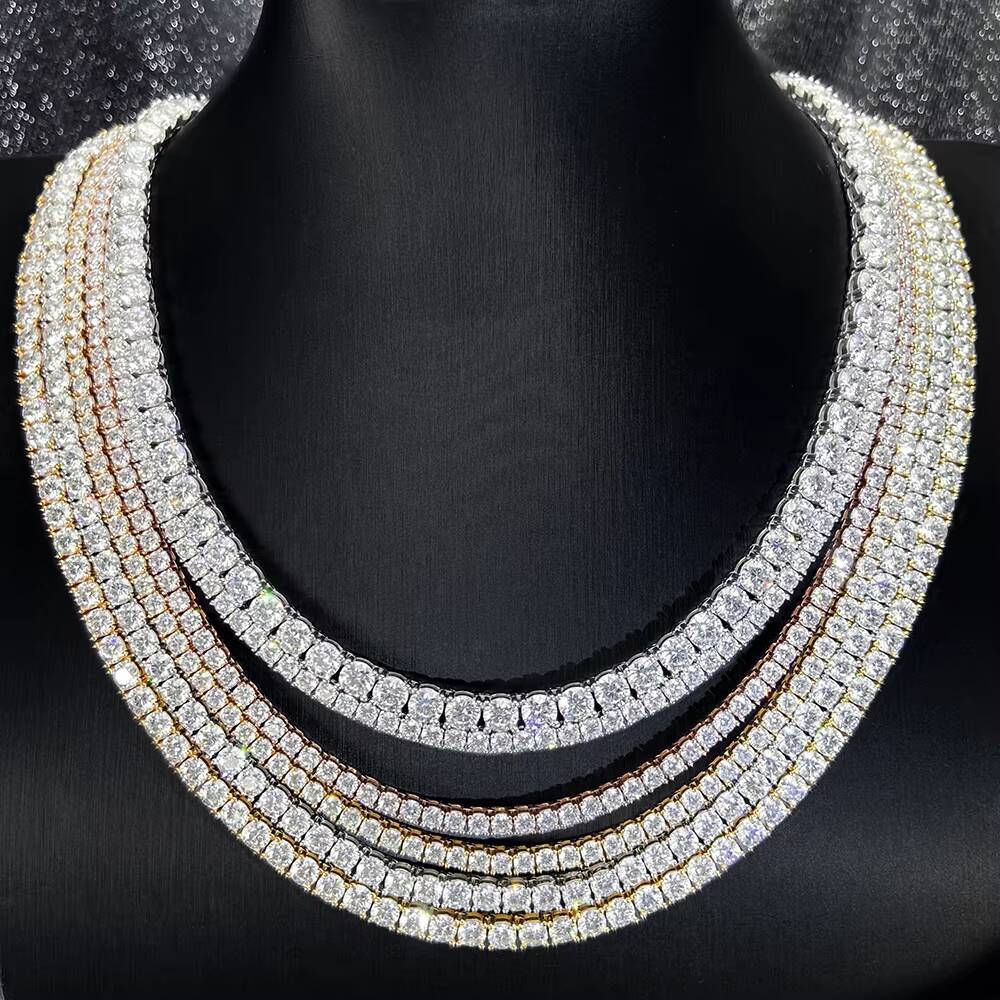 Fast Shipped Hip Hop Style 925 Sterling Silver Tennis Chain Necklace Women Iced VVS1 Moissanite Diamond Choker 3 4 5MM for Men