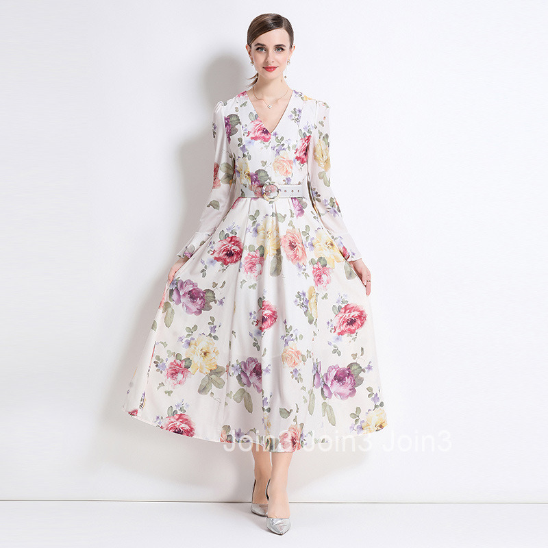 6691 Autumn New Deep Neck Flared Sleeve Printed Long Maxi Dress