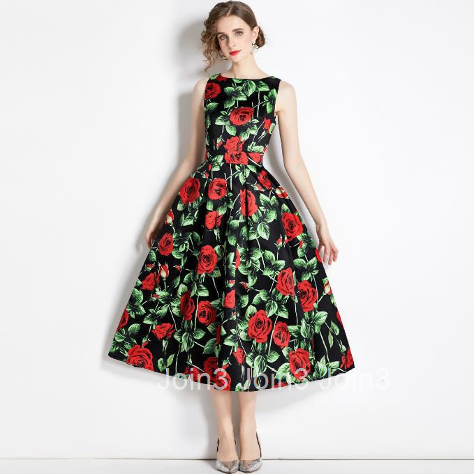 6178 Summer New Womens Printed Sleeveless High Waist Dress with Slim Fit and Wide Waist Large Swing Long Dress