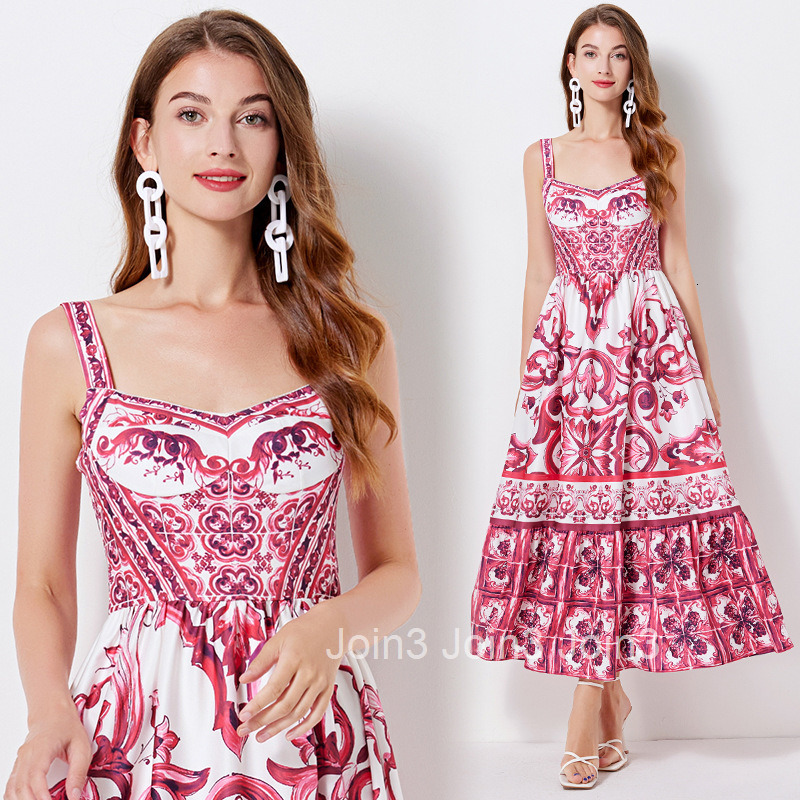 485 summer womens printed suspender long dress with slim fit and waist cinching back elastic A-line skirt