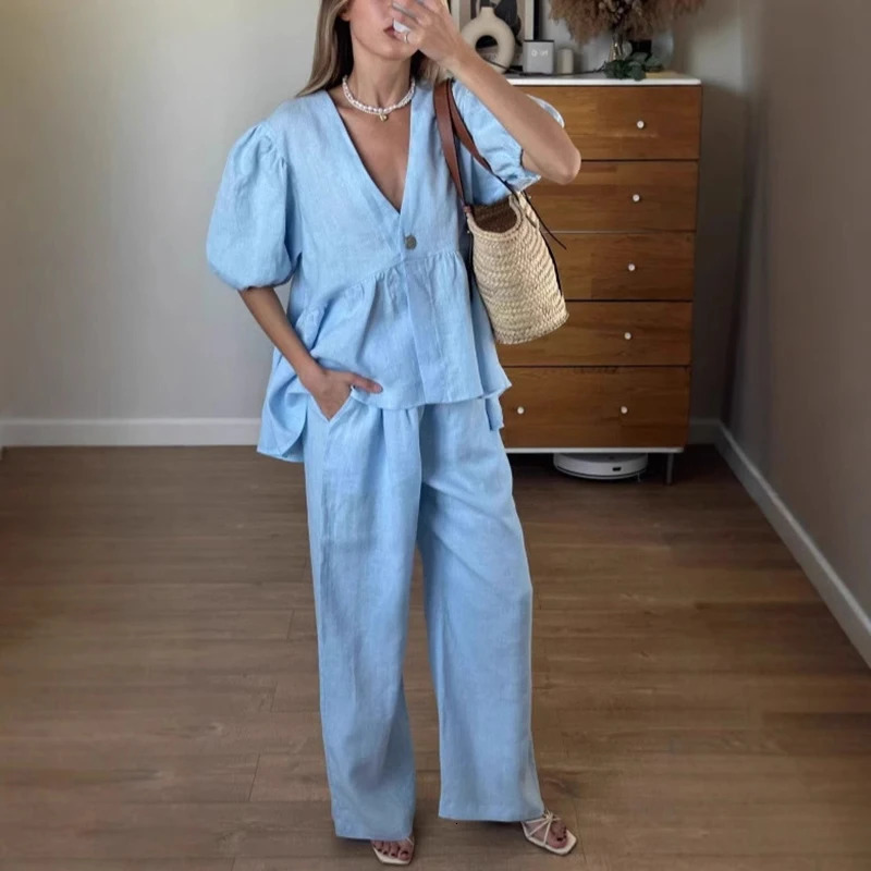 Tornova Womens Cotton Casual Pant Sets Solid V Neck T shirt Top Puff Sleeve Loose High Waist Trouser Female Summer Fashion 2025 250715