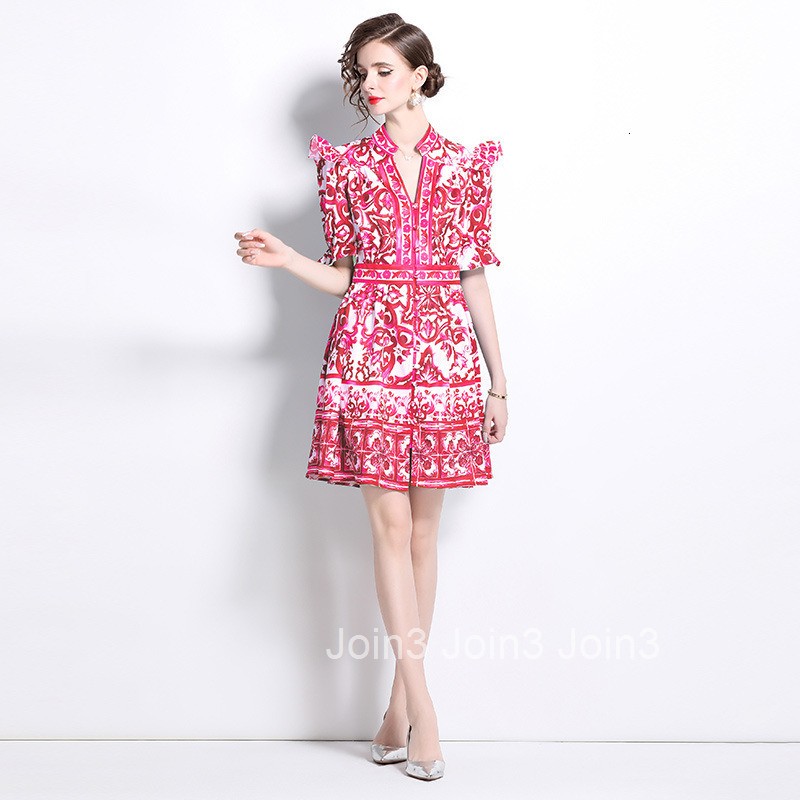8766 Summer New Womens Fashion V-neck Horn Short sleeved Flower Porcelain Printed Dress