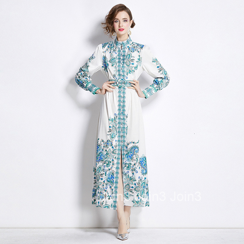 8747 Spring and Autumn new womens clothing style fashionable Elegance style standing collar long skirt printed dress