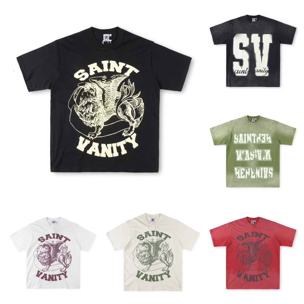 SAINT VANITY Mens Tshirts High Street Hip-Hop Letter Print Vintage Wash tees Hip Hop Loose Streetwear Unisex Casual SAINT VANITY Short Sleeve Couples TShirts TOP a8