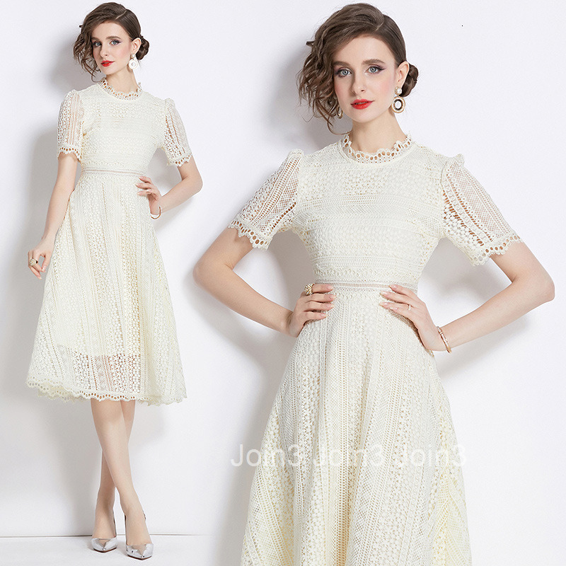 530 Summer New Womens Fashionable Short Sleeve Waist-Cinching Hollow Out Water-Soluble Lace Mid-Length Dress