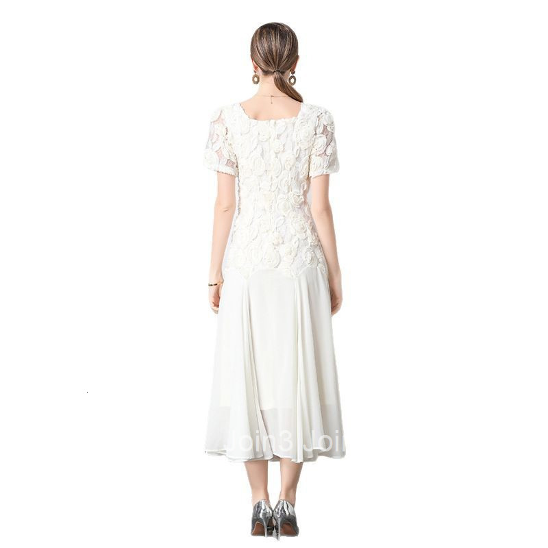 7153 European Heavy Lace 3D Flower Square Neck Dress for Women Summer New Fashionable Bodycon Mesh Long Dress